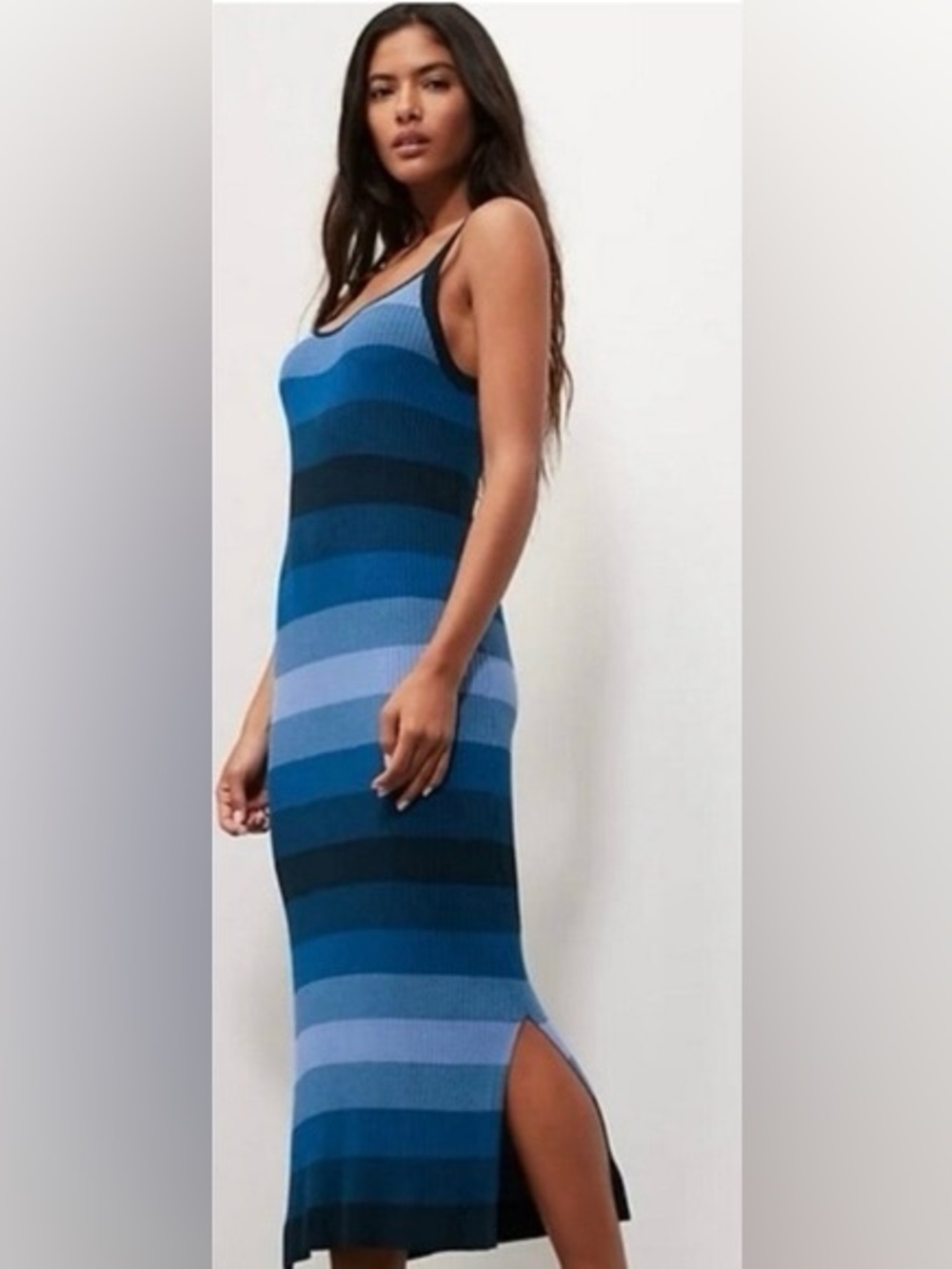 Banana Republic Midi Sweater Tank Dress Blue Navy Ombre Stripe Lenzing Ecovero L